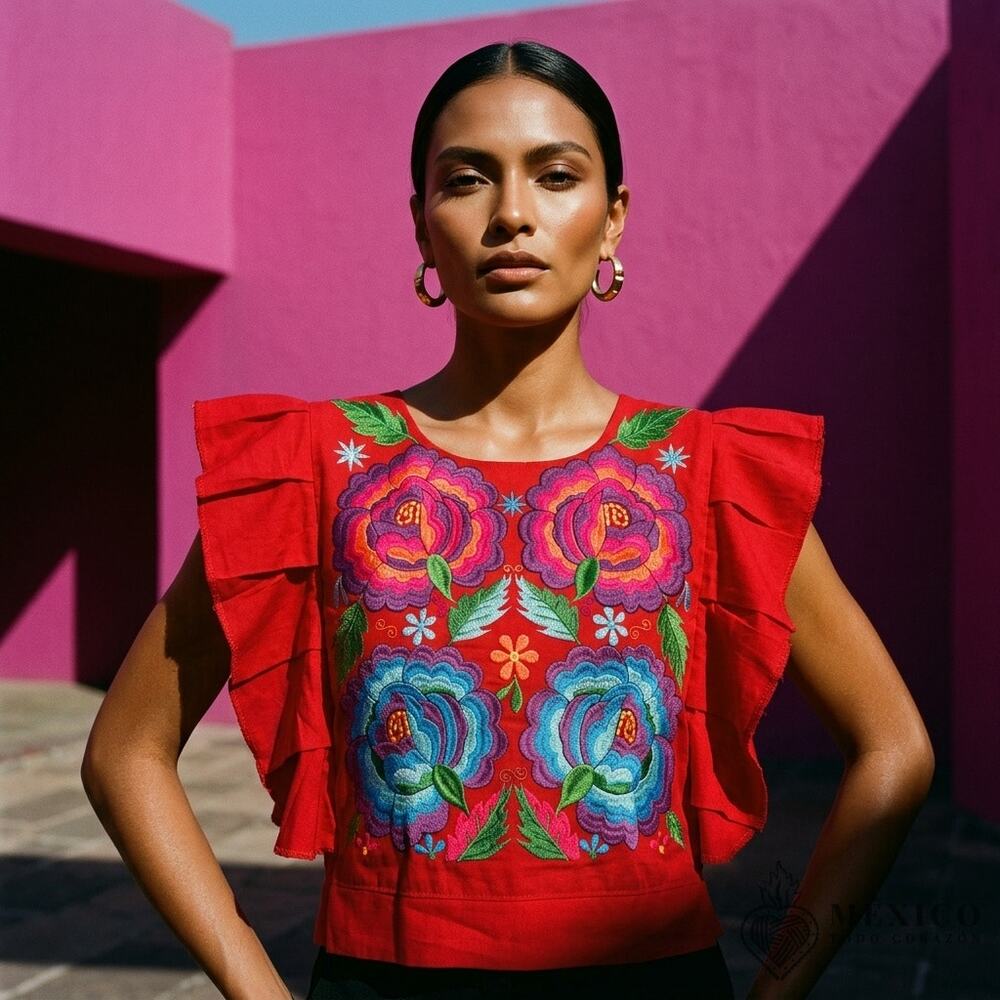 Traditional Mexican Huipil style Blouse – Handmade Embroidered Manta Top S M